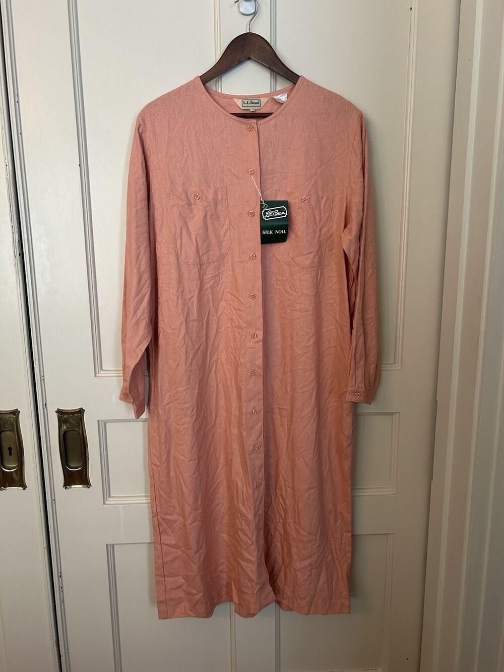 Vintage LL Bean Raw Silk Button Maxi Nightgown Womens Size 18 Peach Comfort NWT